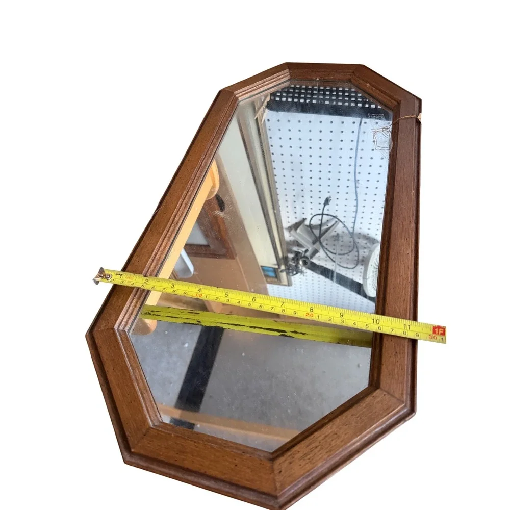 Vintage Octagon Wood Wall Mirror Mid Century Modern Brown Geometric 22.5x12.5